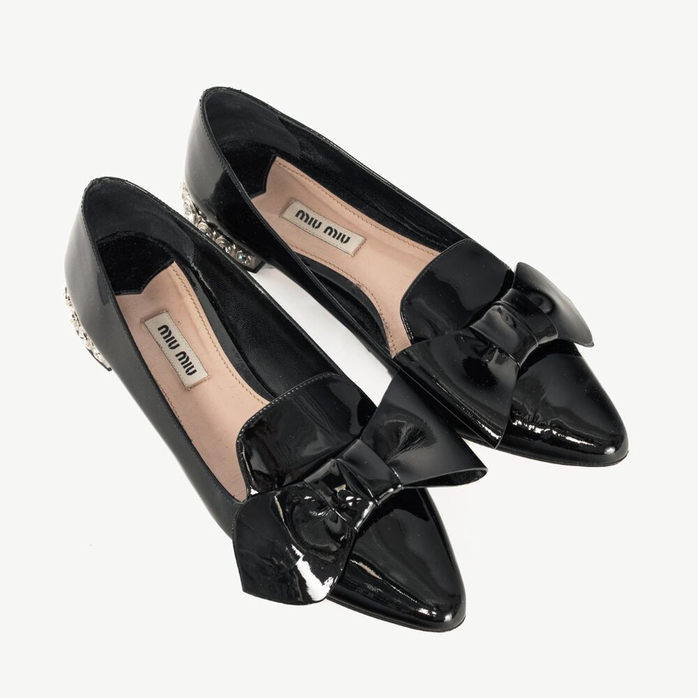 Miu Miu Black Patent Jewel-Heel Bow Pointed-Toe Flats